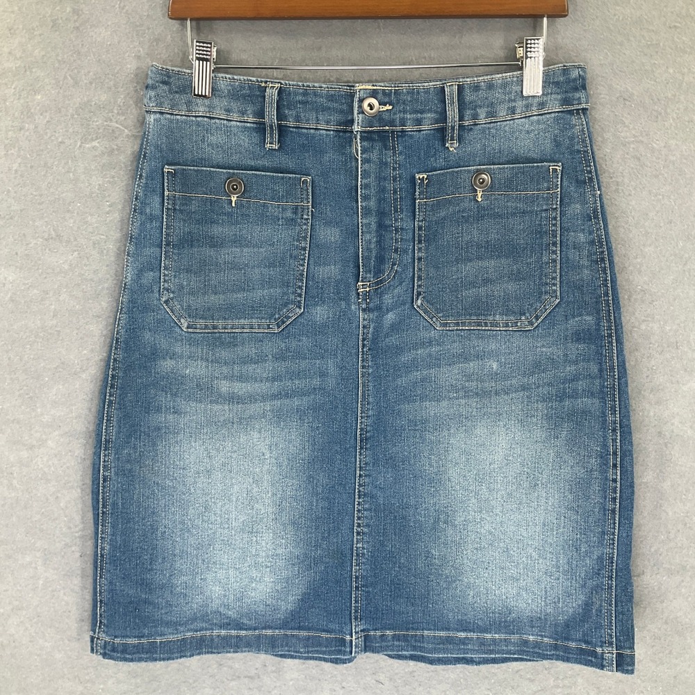 One World Women's Sz M Denim Skirt Blue Pocket A Line‎ Knee Length Modest